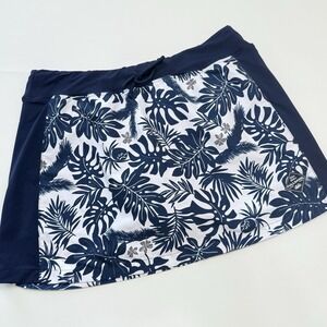 Fullsand‎ Tropical Monstera Print Swim Skort Womens Large Navy White Coastal